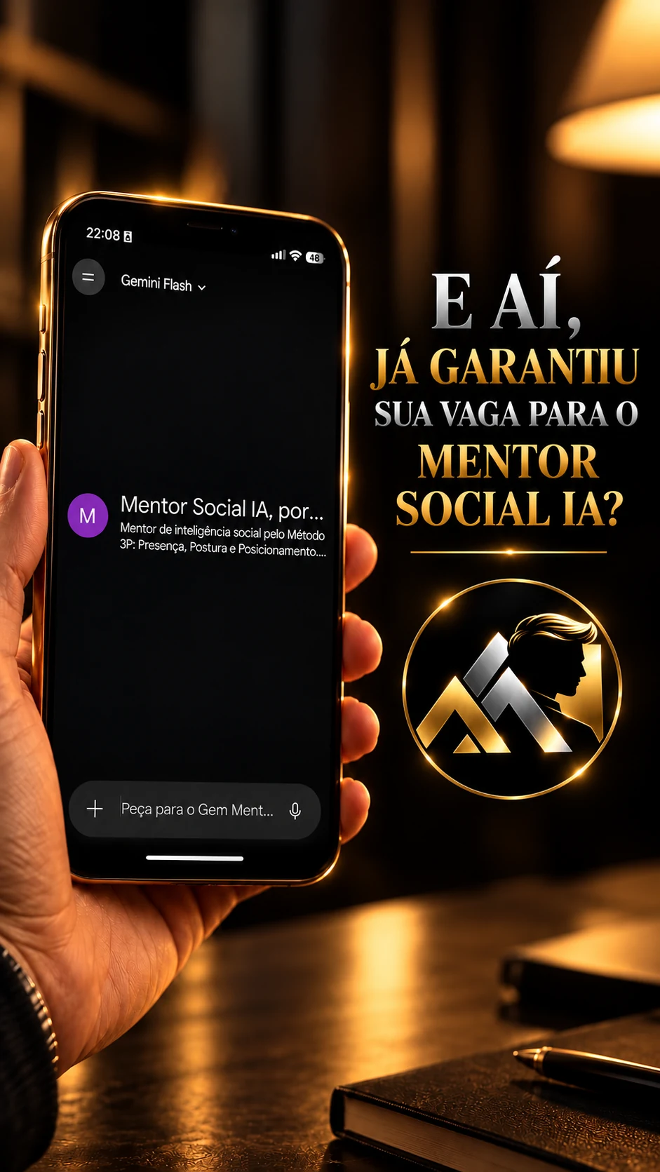 Mentor Social IA apresentado em um celular, com identidade dourada e preta